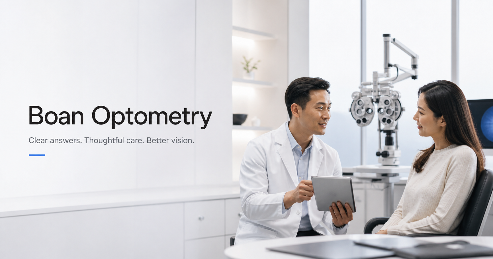 An optometrist speaking with a patient in a modern eye clinic